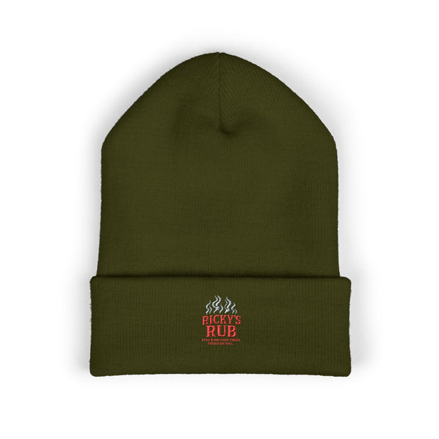 Ricky’s Rub Beanie – Classic Cuffed Winter Hat in olive green featuring stitched logo.