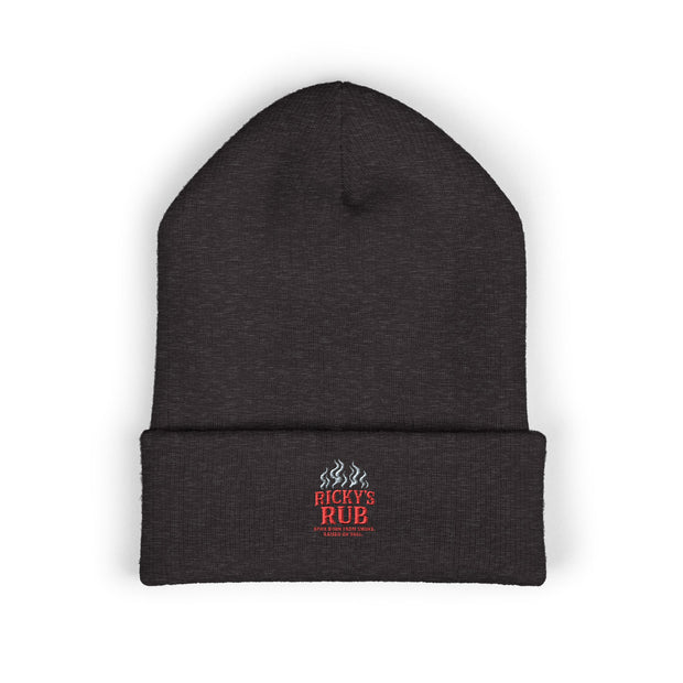 Ricky’s Rub Beanie – Classic Cuffed Winter Hat in blue with logo stitched on the front.