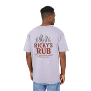 “BBQ Oversized T-Shirt for Men – acid-wash grill lover tee with Ricky’s Rub logo”