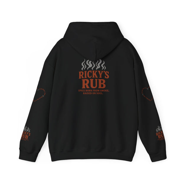 “BBQ Hoodie – unisex grill master sweatshirt with Ricky’s Rub logo”