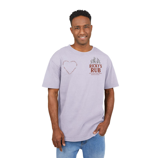 “BBQ Oversized T-Shirt for Men – acid-wash grill lover tee with Ricky’s Rub logo”