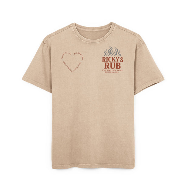 “BBQ Oversized T-Shirt for Men – acid-wash grill lover tee with Ricky’s Rub logo”