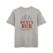 “BBQ Oversized T-Shirt for Men – acid-wash grill lover tee with Ricky’s Rub logo”