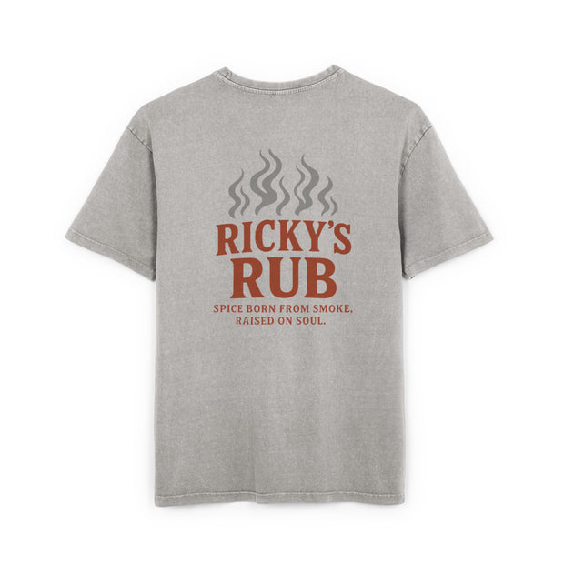 “BBQ Oversized T-Shirt for Men – acid-wash grill lover tee with Ricky’s Rub logo”