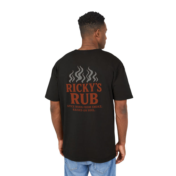 “BBQ Oversized T-Shirt for Men – acid-wash grill lover tee with Ricky’s Rub logo”