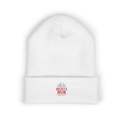 Ricky’s Rub Beanie – Classic Cuffed Winter Hat in white with stitched logo for barbecue lovers.