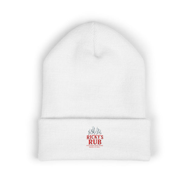 Ricky’s Rub Beanie – Classic Cuffed Winter Hat in white with stitched logo for barbecue lovers.