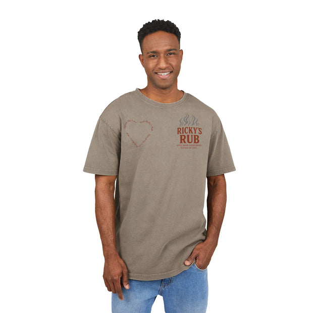 “BBQ Oversized T-Shirt for Men – acid-wash grill lover tee with Ricky’s Rub logo”