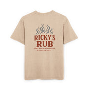 “BBQ Oversized T-Shirt for Men – acid-wash grill lover tee with Ricky’s Rub logo”