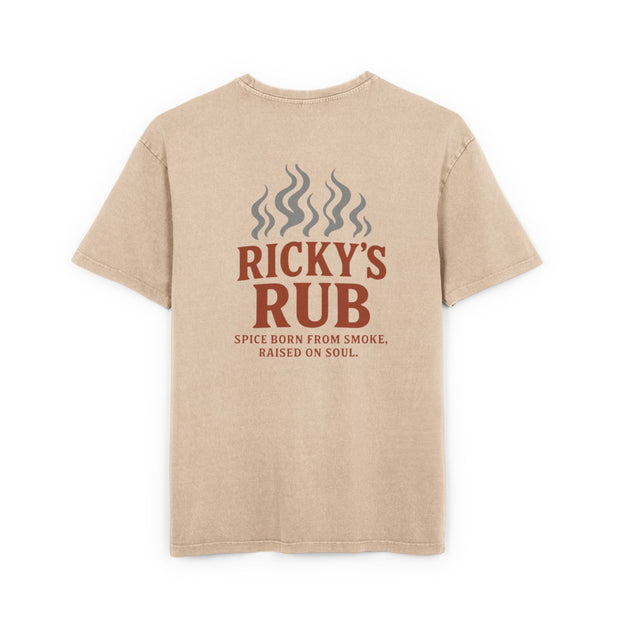 “BBQ Oversized T-Shirt for Men – acid-wash grill lover tee with Ricky’s Rub logo”