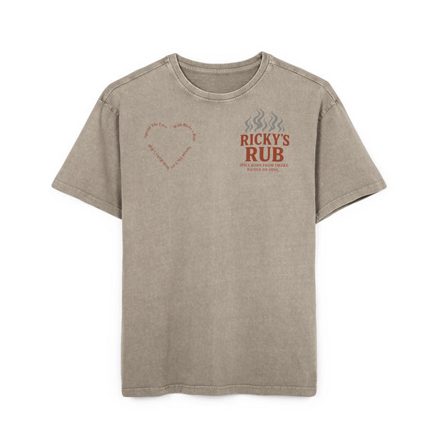 “BBQ Oversized T-Shirt for Men – acid-wash grill lover tee with Ricky’s Rub logo”