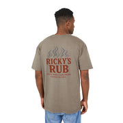 “BBQ Oversized T-Shirt for Men – acid-wash grill lover tee with Ricky’s Rub logo”