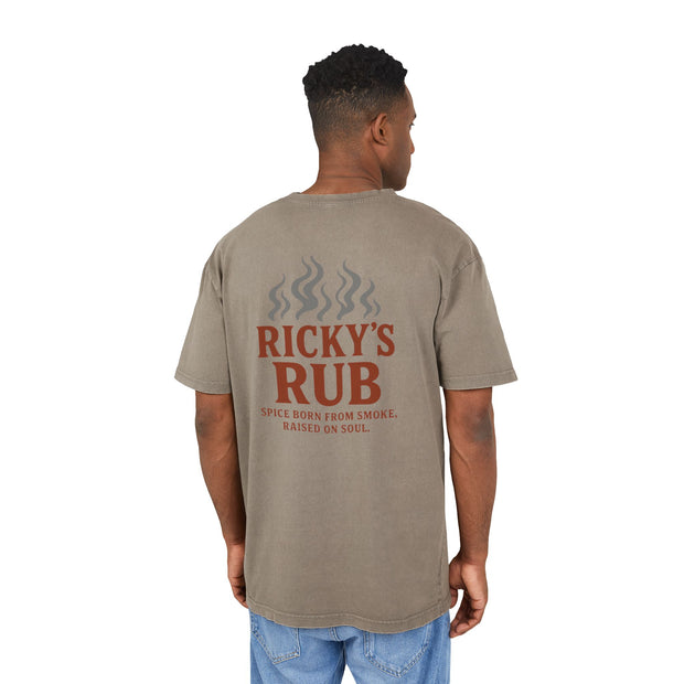 “BBQ Oversized T-Shirt for Men – acid-wash grill lover tee with Ricky’s Rub logo”