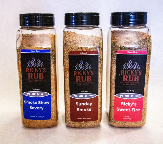 Ricky’s Rub Trio – 4oz Signature Sampler (Sunday Smoke, Smoke Show Savory & Ricky’s Sweet Fire)