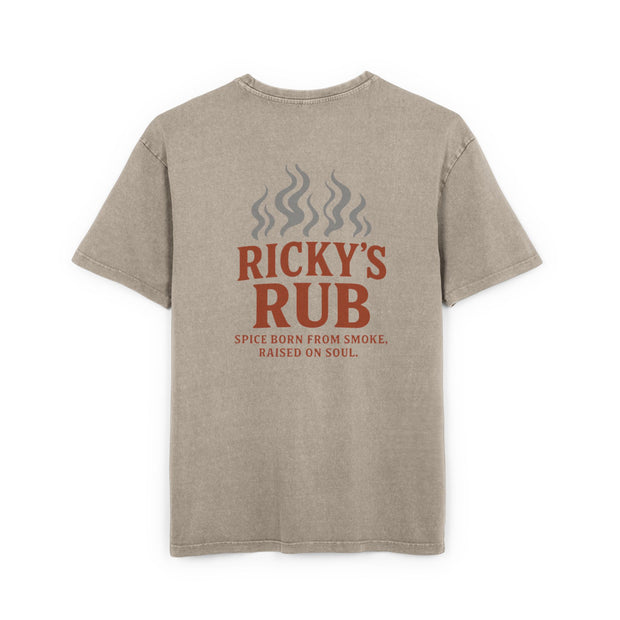 “BBQ Oversized T-Shirt for Men – acid-wash grill lover tee with Ricky’s Rub logo”