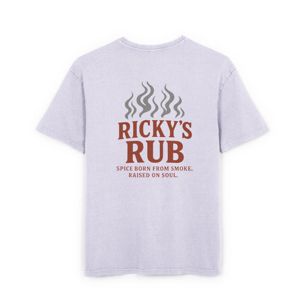 “BBQ Oversized T-Shirt for Men – acid-wash grill lover tee with Ricky’s Rub logo”