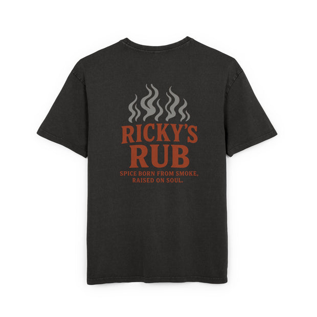 “BBQ Oversized T-Shirt for Men – acid-wash grill lover tee with Ricky’s Rub logo”