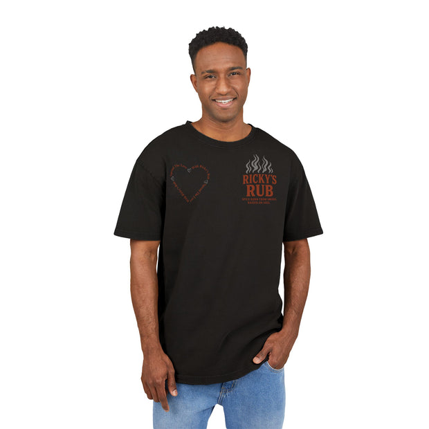 “BBQ Oversized T-Shirt for Men – acid-wash grill lover tee with Ricky’s Rub logo”