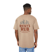 “BBQ Oversized T-Shirt for Men – acid-wash grill lover tee with Ricky’s Rub logo”