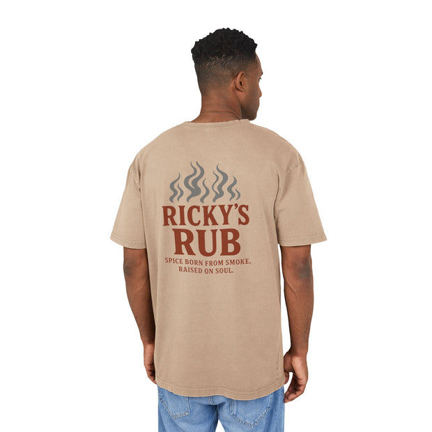 “BBQ Oversized T-Shirt for Men – acid-wash grill lover tee with Ricky’s Rub logo”