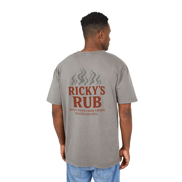 “BBQ Oversized T-Shirt for Men – acid-wash grill lover tee with Ricky’s Rub logo”