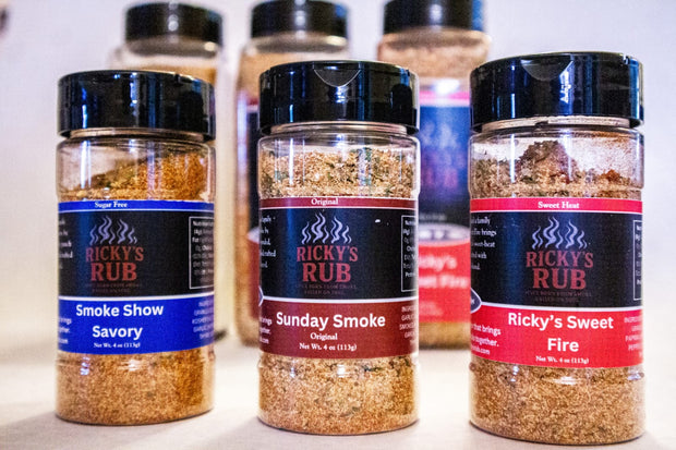 Ricky’s Rub Trio – 20oz Signature Sampler (Sunday Smoke, Smoke Show Savory & Ricky’s Sweet Fire)  Get all there signature flavors together for only $75
